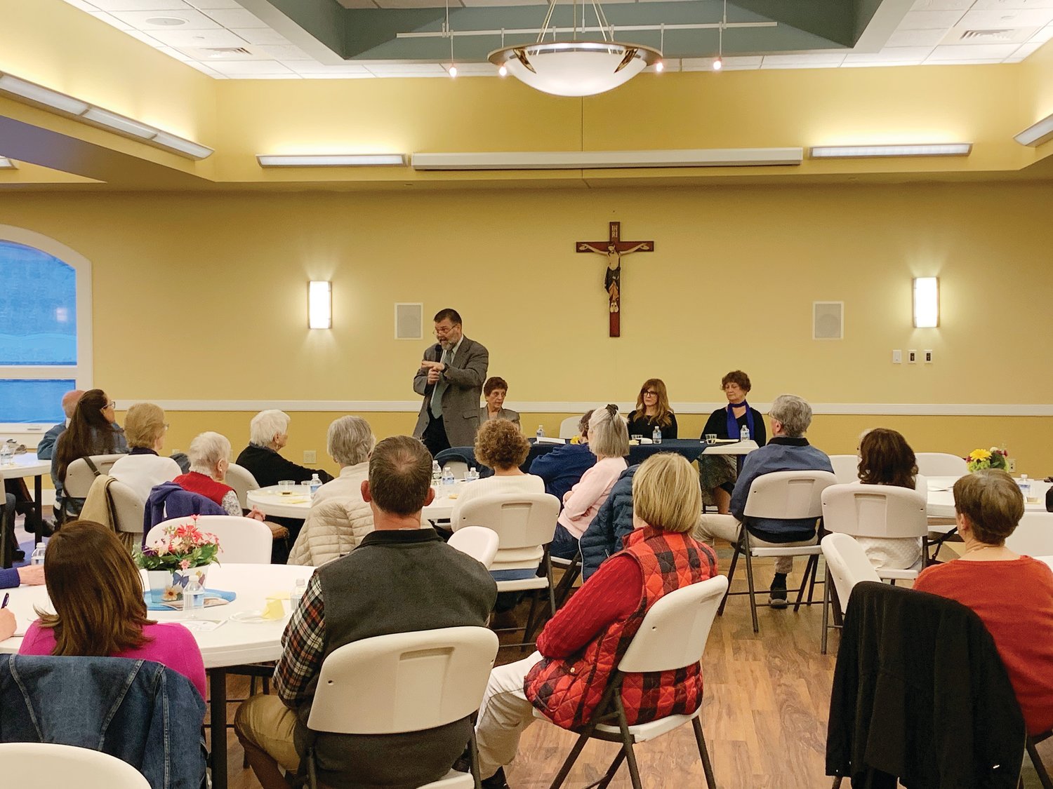 Area Respect Life committees met for an inspirational and informational evening at St. Clare Parish Center on May 4. The event featured three prominent local speaker Barth E. Bracy, executive director of Rhode Island Right to Life, pictured speaking above.